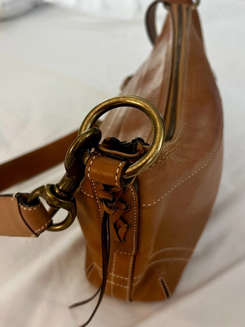 Vintage Coach Bleecker Tan Leather Shoulder Bag Brass Hardware Braided Detail